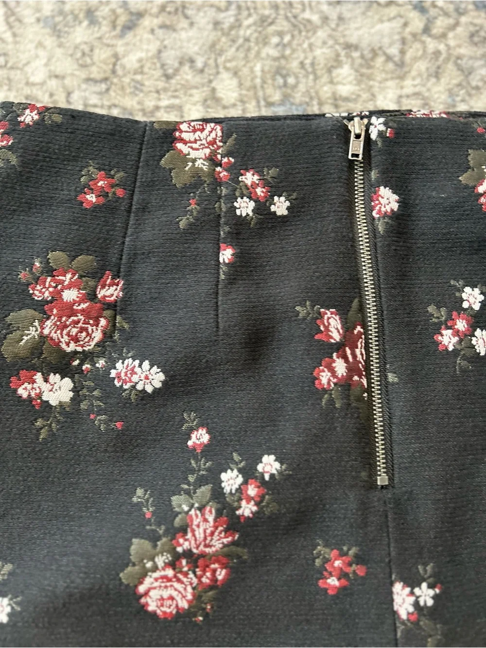 LOFT Floral Mini Skirt - Black with Burgundy & White Roses